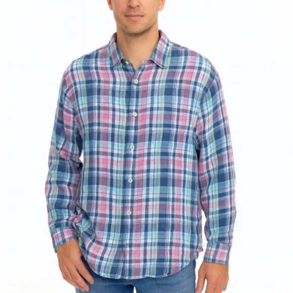 Tommy Bahama SZ L 100% Linen Romario Plaid Shirt Bering Blue $118 - Picture 1 of 7